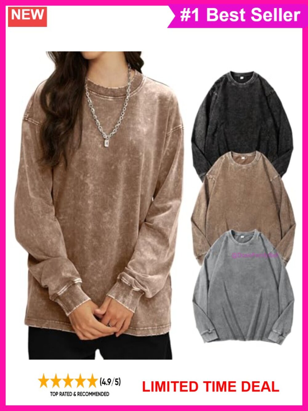 Oversized Long Sleeve T-Shirts Acid Wash Cotton Crewneck Loose Fit